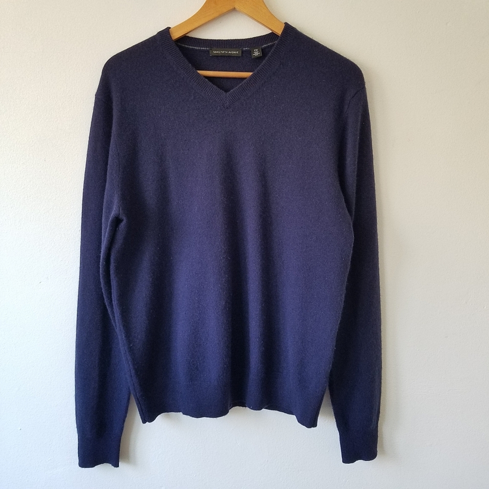 Saks Fifth Avenue 100% Cashmere Navy Long Sleeve V-Neck Pull Over Sweater Large